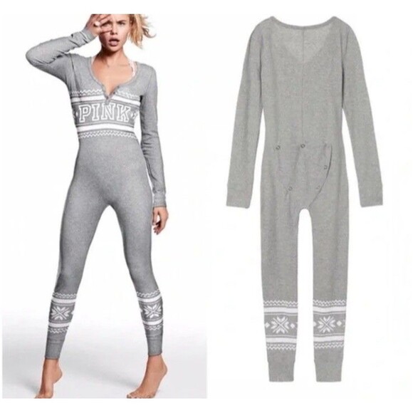 Pink Victoria’s Secret Thermal One Piece Pajamas Fair Isle Butt Flap Sz Small - Picture 1 of 14
